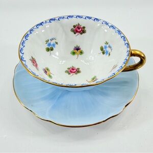 Shelley English Fine Bone, Oleander Shape Floral Blue Teacup Cup & Saucer 13528